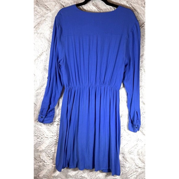 Anthropologie Maeve Dress L Lene Crepe Faux Wrap Pockets Blue Roll Tab Sleeve - Picture 9 of 15